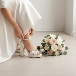 Sapatos de Noiva em pele com plataforma ,  tiras e salto grosso 10 cm
