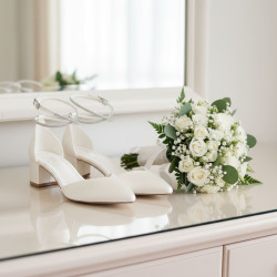 Sapato Noiva Salto Baixo Cristais | Cetim Marfim Feito à Mão